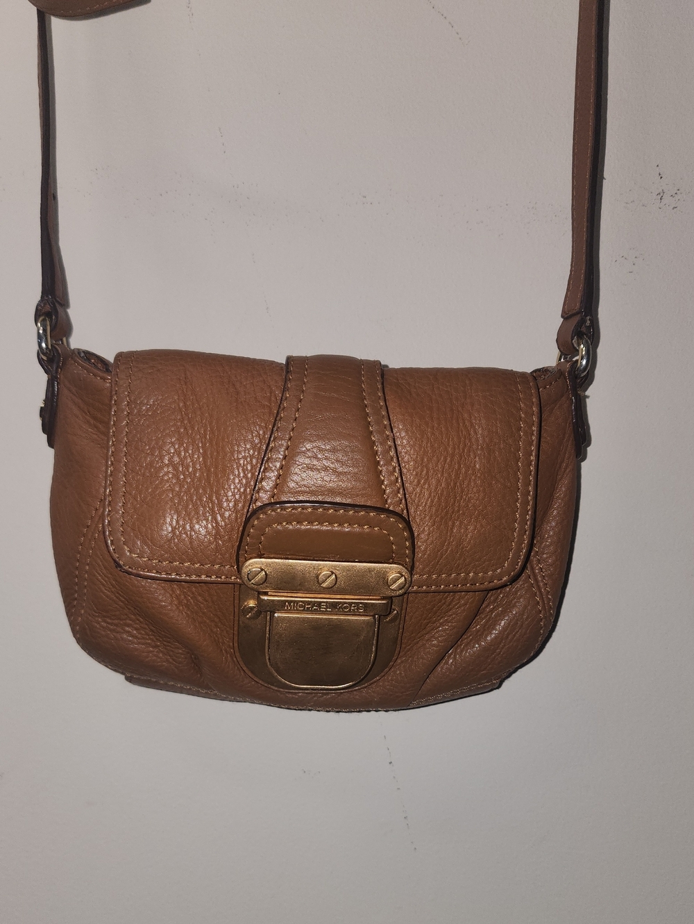 Michael Kors Cognac Pebble Leather Crossbody Copper Gold Hardware Buckle Mini